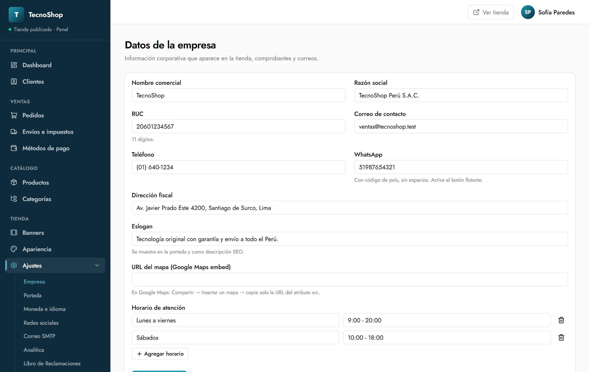 Ajustes de datos de la empresa