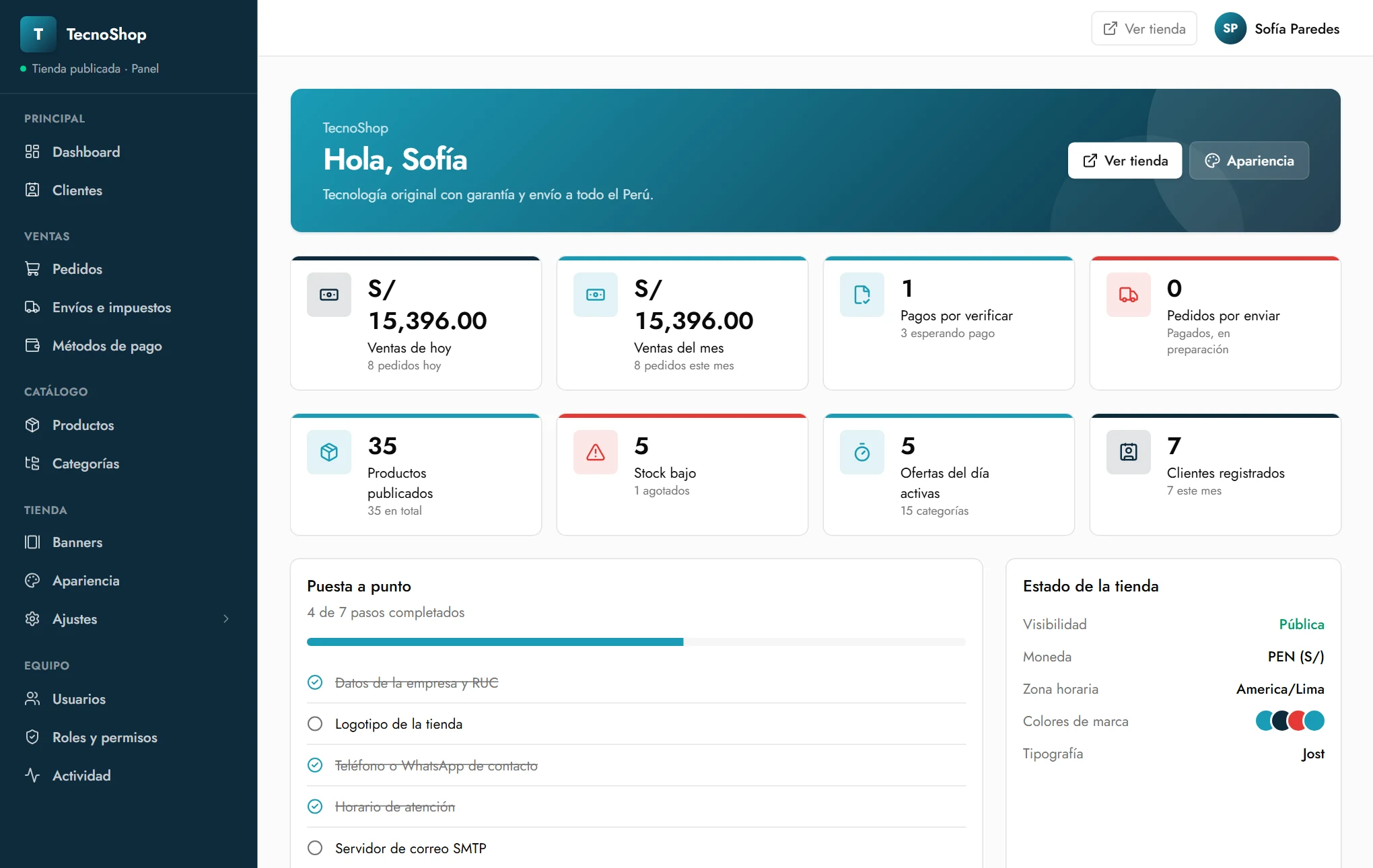 Dashboard del panel con ventas, pagos por verificar y últimos pedidos