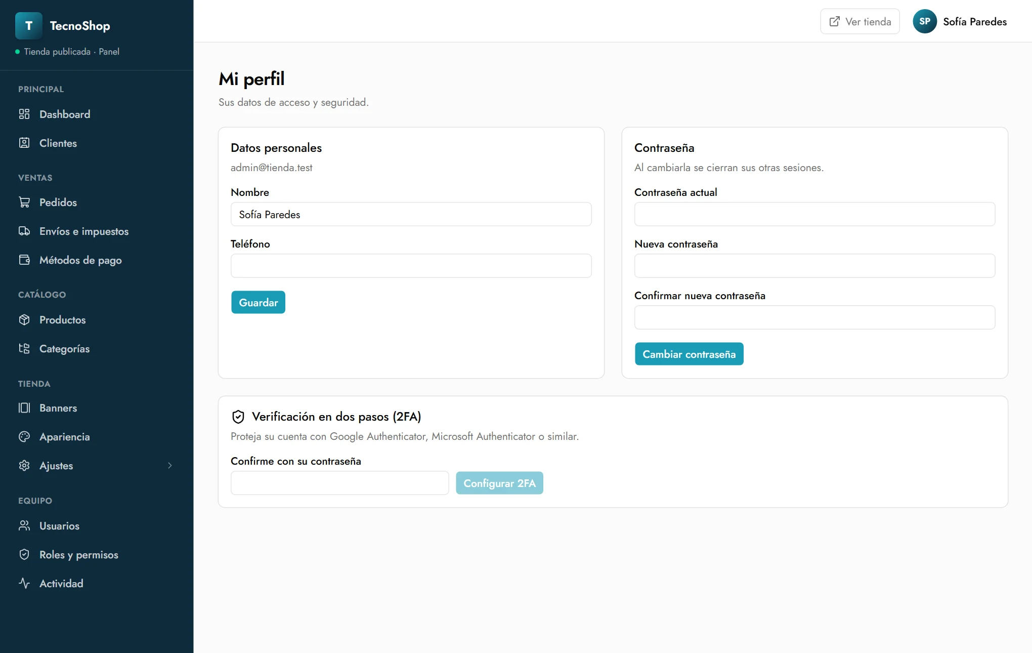 Perfil con verificación en dos pasos