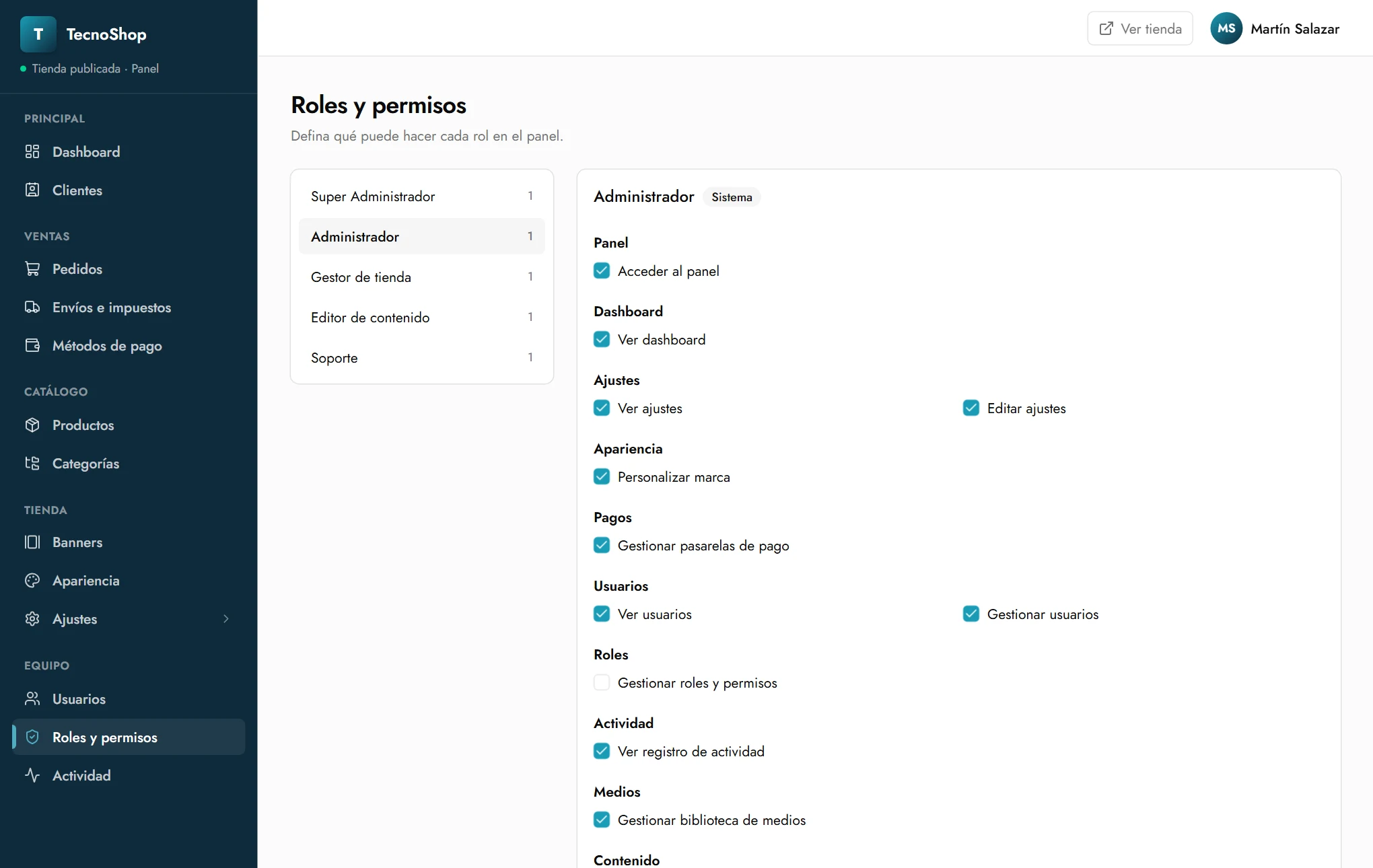 Matriz de roles en modo consulta para un Administrador