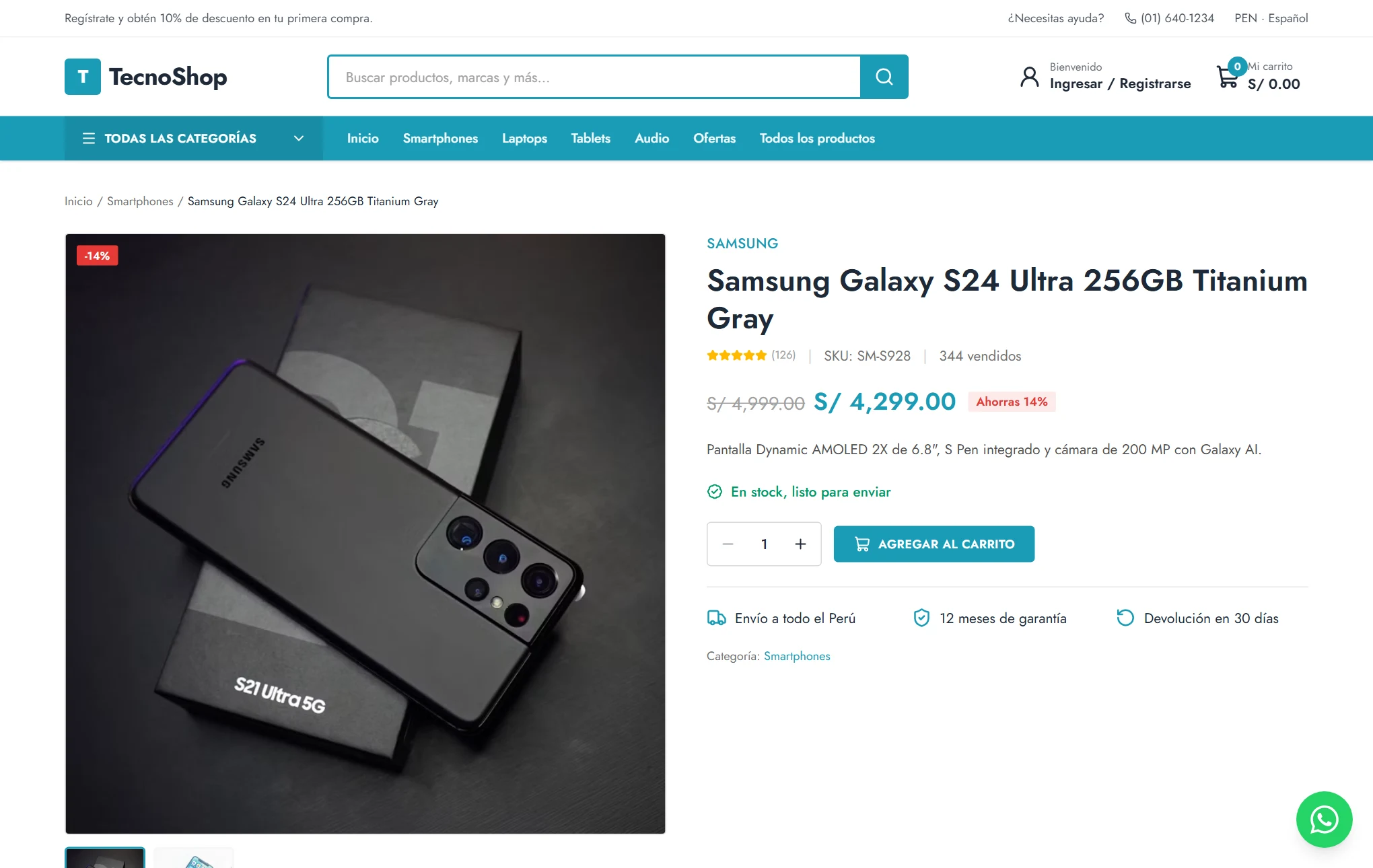 Ficha de producto con galería, precio y botón de agregar